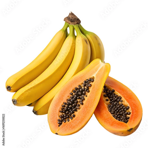 Obraz Fresh Bananas & Papaya Isolated on White Background