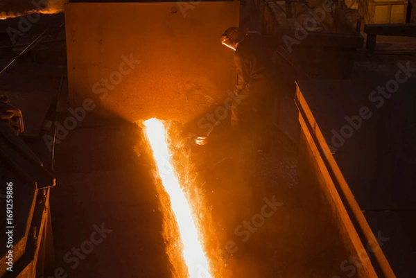 Fototapeta stream of molten steel flowing from a blast furnace.