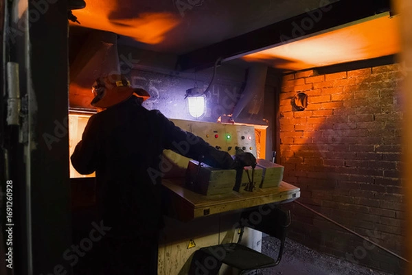 Fototapeta Blast furnace operator at control panel.