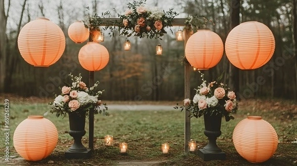Fototapeta Soft peach-toned paper lanterns hang gracefully from a rustic wooden archway, illuminated by warm candlelight, creating a charming outdoor celebration setting.