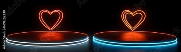 Fototapeta Neon heart shapes on circular platforms in vibrant colors.