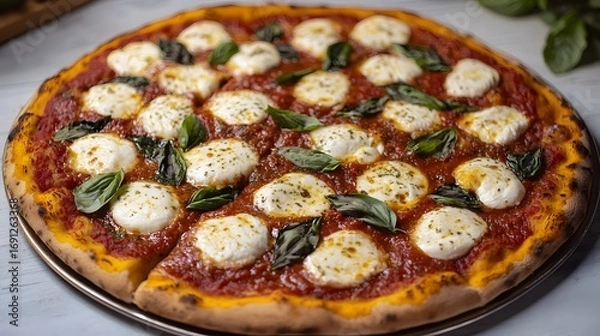 Fototapeta A delicious, round pizza topped with creamy mozzarella, fresh basil, and a vibrant tomato sauce.  The golden-brown crust is a perfect complement to the savory filling.