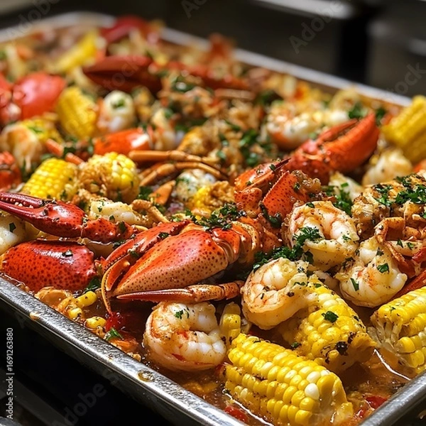Fototapeta A colorful array of cooked lobster, shrimp, and corn on a metal tray.