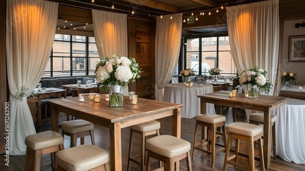 Fototapeta A rustic-chic dining area with long tables, round tables, and banquet seating, highlighted by cream-colored drapes and a bouquet of pastel-colored flowers.