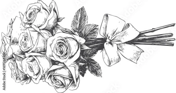 Fototapeta Rose vector sketch hand drawn line art in nature, rose bouquet with ribbon in vintage — stock vector