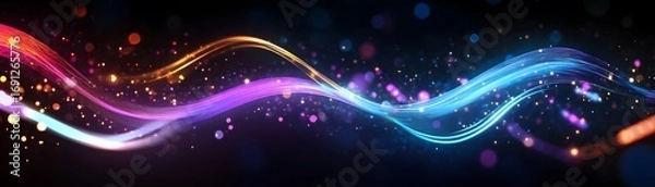 Fototapeta A dynamic display of vibrant, flowing lines against a dark background, accented by shimmering particles.