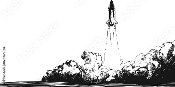 Fototapeta Rocket vector sketch hand drawn line art in outline, rocket launch in black and white — stock vector