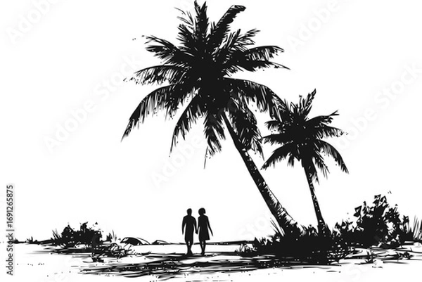 Fototapeta Tropical vector sketch hand drawn in nature, tropical beach scene with palm trees — stock vector