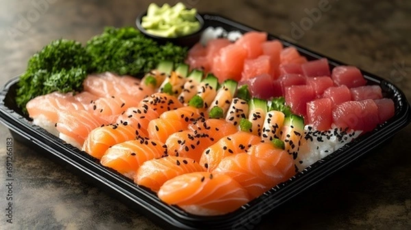 Fototapeta A diverse selection of fresh sushi, featuring various fish like salmon and tuna, presented in a black tray, atop a textured surface.