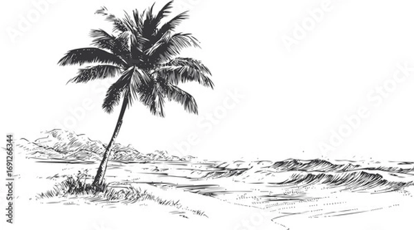 Fototapeta Coastline vector sketch hand drawn line art in nature, palm tree on tropical beach style — stock vector