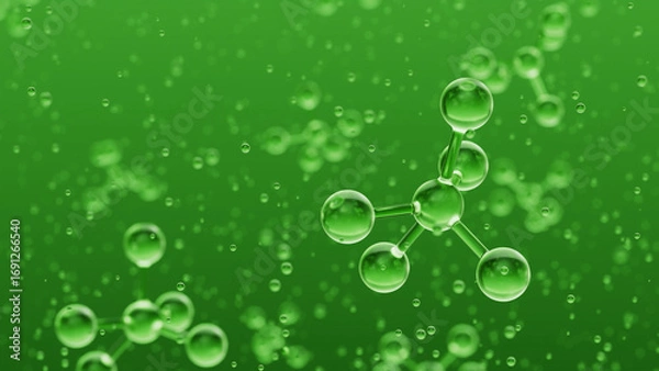 Fototapeta Green molecules floating in liquid creating an abstract scientific background, perfect for projects related to chemistry, biology, medicine, or any other scientific field
