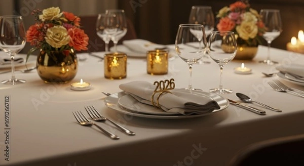 Fototapeta Elegant dinner table set for celebration with flowers and candles for New Year 2026  