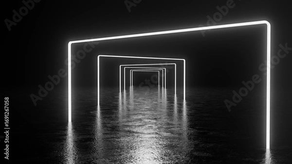 Fototapeta Glowing white neon square gates are creating a futuristic corridor over a dark reflective surface, giving a sense of mystery and perspective
