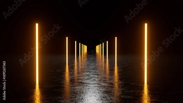 Fototapeta Rows of orange neon lights are illuminating a dark wet path leading into a mysterious darkness, creating a futuristic and atmospheric background