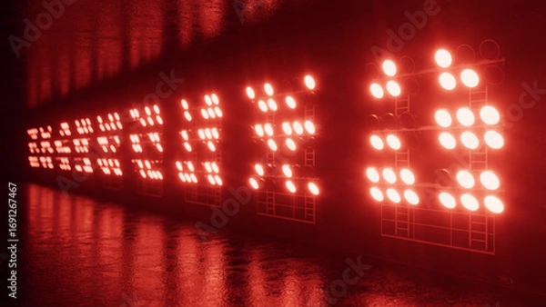 Fototapeta Illuminating a dark room, red stage lights cast a dramatic glow on a wet floor, enhancing the atmospheric scene with reflections and creating a captivating visual effect
