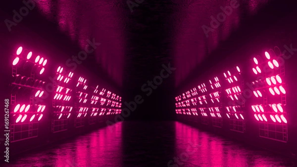 Fototapeta Rows of glowing pink neon lights create a vibrant and futuristic atmosphere in a dark industrial room, their reflections adding depth to the scene