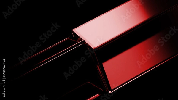 Fototapeta Shiny red rectangular prisms intersecting and creating a dynamic and modern composition on a dark background, evoking concepts of technology, innovation, and futuristic design