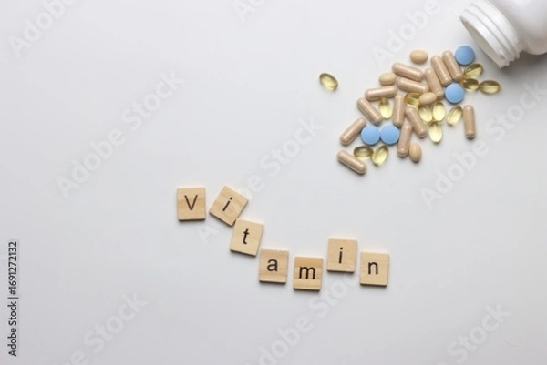 Fototapeta Vitamins pills and injectable in a white background