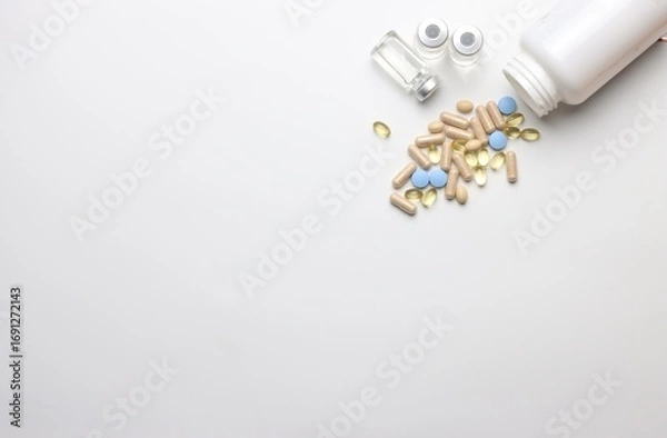 Fototapeta Vitamins pills and injectable in a white background