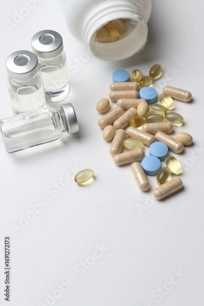 Fototapeta Vitamins pills and injectable in a white background