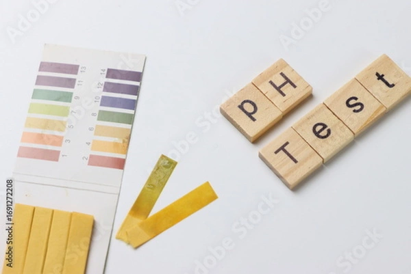 Fototapeta pH test strips in a white background with copy space