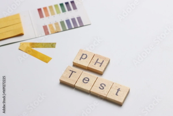 Fototapeta pH test strips in a white background with copy space