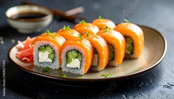 Fototapeta Close-up of a colorful, Japanese sushi roll presentation on a ceramic plate. Includes pickled ginger, soy sauce, and chopsticks. A delicious food arrangement