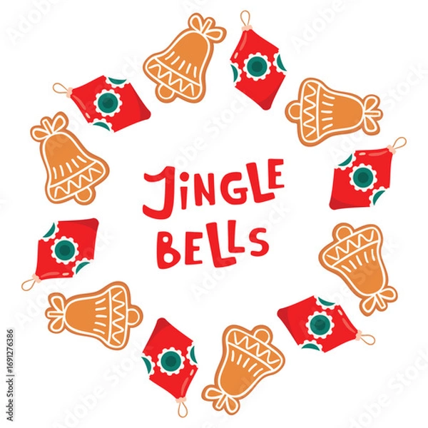 Fototapeta Festive frame with gingerbread bells and Christmas tree decorations. Jingle bells poster with cookie and hand written. Cartoon objects on white background. Vector design in red and brown colors.