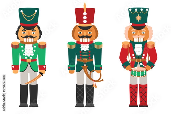 Fototapeta Christmas Nutcrackers Set. Fairy tale cartoon characters with a sabre, a signal horn, a drum, in uniforms, boots and caps. Cute men isolated on white background. Vector flat colors illustrations.