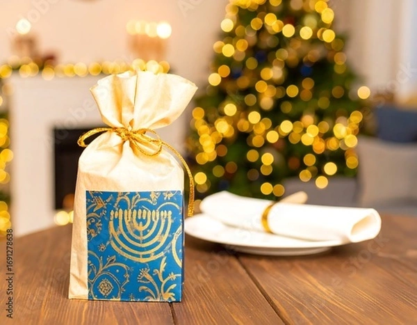 Fototapeta Gift bag with menorah design on a wooden table, blurred Christmas tree background