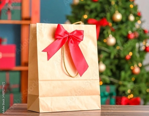 Fototapeta Gift bag with red bow in front of Christmas tree