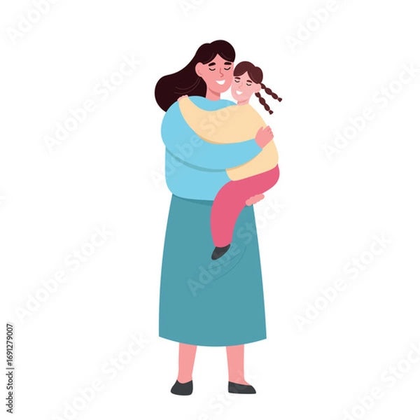 Fototapeta A mother holds her daughter in her arms. Love and care for a child in a family. Vector flat graphics.