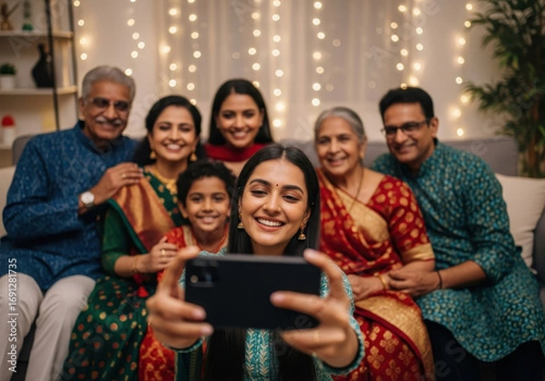 Fototapeta indian family taking selfie during ganesh chaturthi celebration. smiling faces in traditional attire with festive lights in background. hindu festival, cultural event. greeting card, poster.