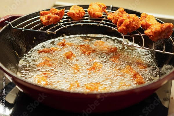 Obraz 鶏の唐揚げ　熱々の油で揚げている鶏肉
