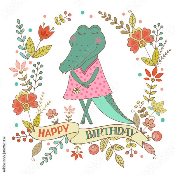 Obraz Cute alligator girl standing with flower