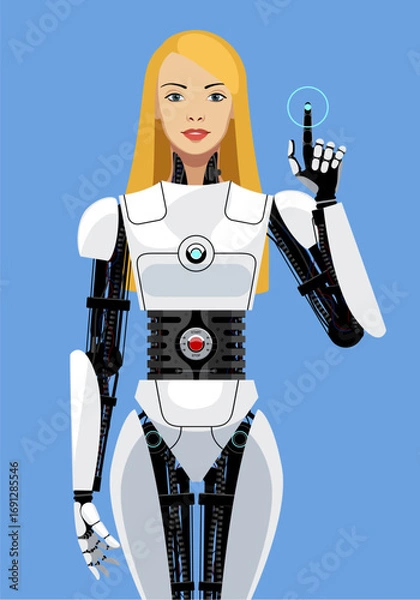 Fototapeta A beautiful blonde biorobot girl stands in front and points her finger at a glowing button on a blue background. Vector realistic illustration in flat style