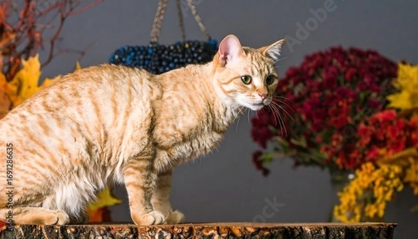 Fototapeta Ginger cat on a stump surrounded by fall decor