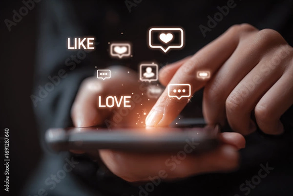 Fototapeta Close-up shows hands using mobile with social media icons. Sparks add bright, fun effect for advertising, social media posters, branding, website backgrounds.