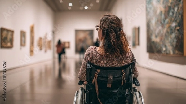Fototapeta Woman in a wheelchair visiting an art gallery, exploring exhibitions and enjoying accessible cultural experiences.