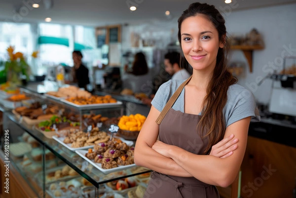 Obraz Confident business owner posing with arms crossed in her organic bakery