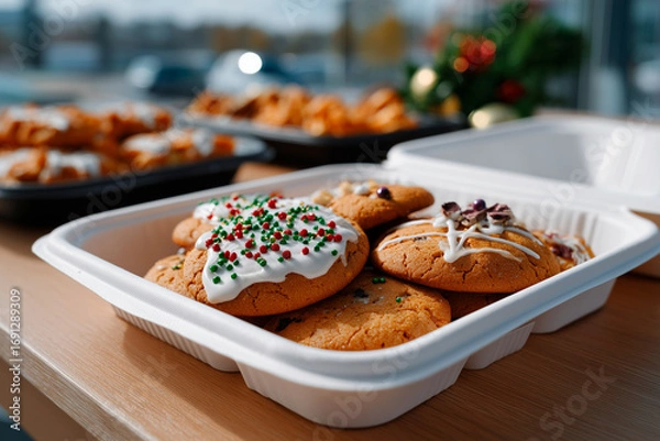 Obraz Christmas cookies with white icing and sprinkles in a takeaway box