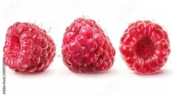 Fototapeta Fresh Red Raspberries in a Row on White Background Natural Bright Fruit