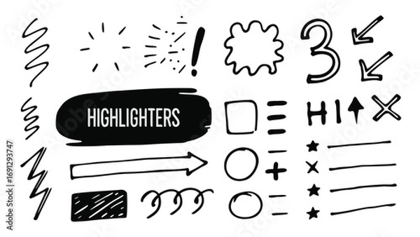 Fototapeta Collection of Hand Drawn Doodle Elements Including Shapes Arrows Exclamations and Scribbles for Highlighting Notes and Text Making Your Study Materials More Engaging and Visually Appealing