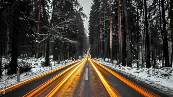Fototapeta Long Exposure Light Trails on Snowy Forest Road in Winter