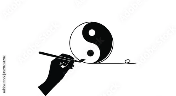 Fototapeta Artist's hand drawing the Yin Yang symbol with a brush, representing balance and harmony