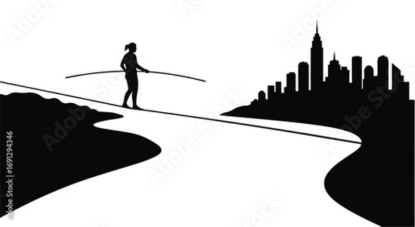 Fototapeta Silhouette of a person balancing on a tightrope with a cityscape in the background