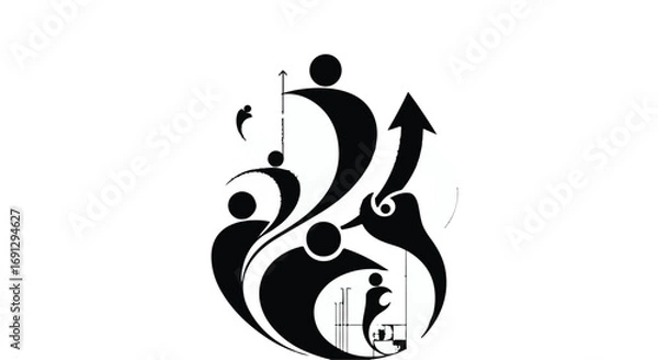 Fototapeta Abstract representation of teamwork and upward growth with stylized figures and an ascending arrow