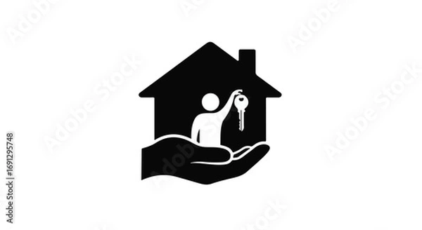 Fototapeta Symbolic image of a hand offering a house with a person holding a key, representing homeownership and security.