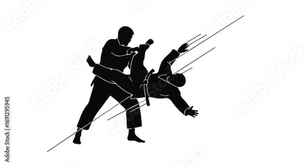 Fototapeta Dynamic martial arts combatants locked in a powerful grappling throw during a competitive match.