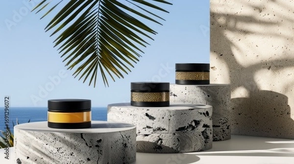 Fototapeta Minimalist Skincare Jars on Marble Stands with Palm Leaf Shadow and Ocean View Background
